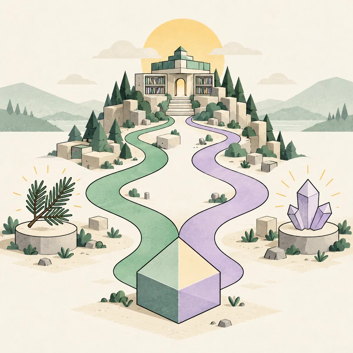 Illustration conceptuelle de deux parcours de lanceur issus d'une même base et menant à la même bibliothèque d'instances Minecraft
