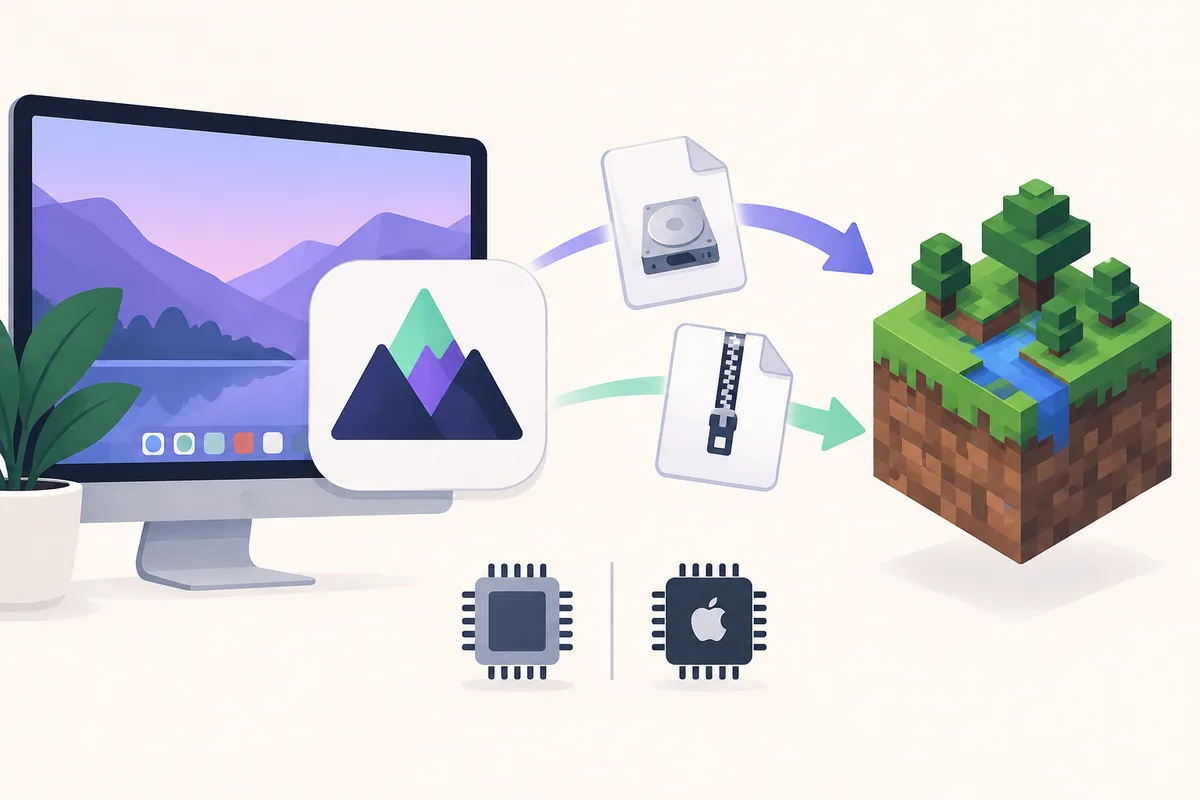 Illustration d’un Mac recevant PineconeMC avec un fichier DMG ou ZIP avant d’ouvrir un monde Minecraft