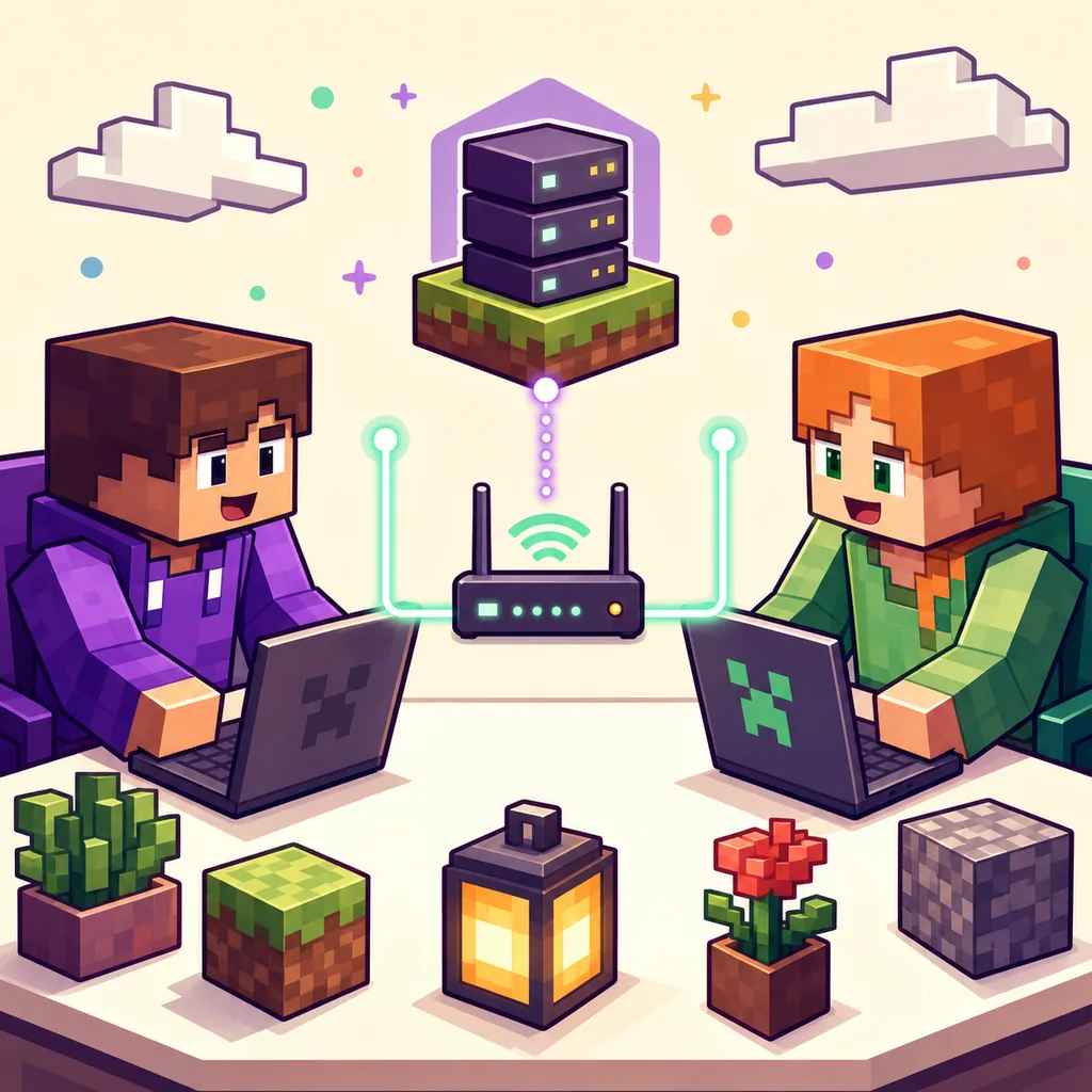 Redaktionelle Illustration von zwei Spielern, die über Router und Server verbunden sind