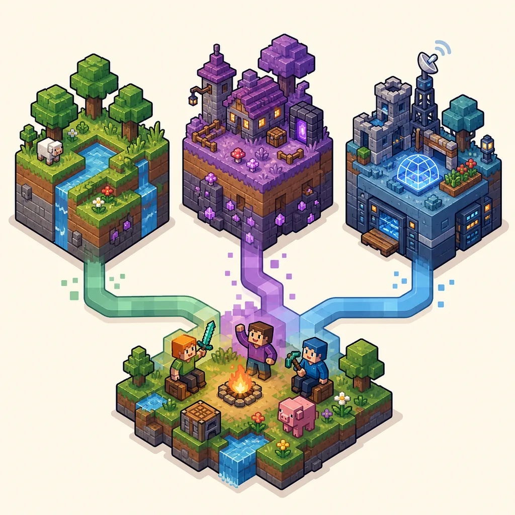 Konzeptillustration von Vanilla-, Mod- und Serverinstanzen, die einen gemeinsamen Spielraum erreichen