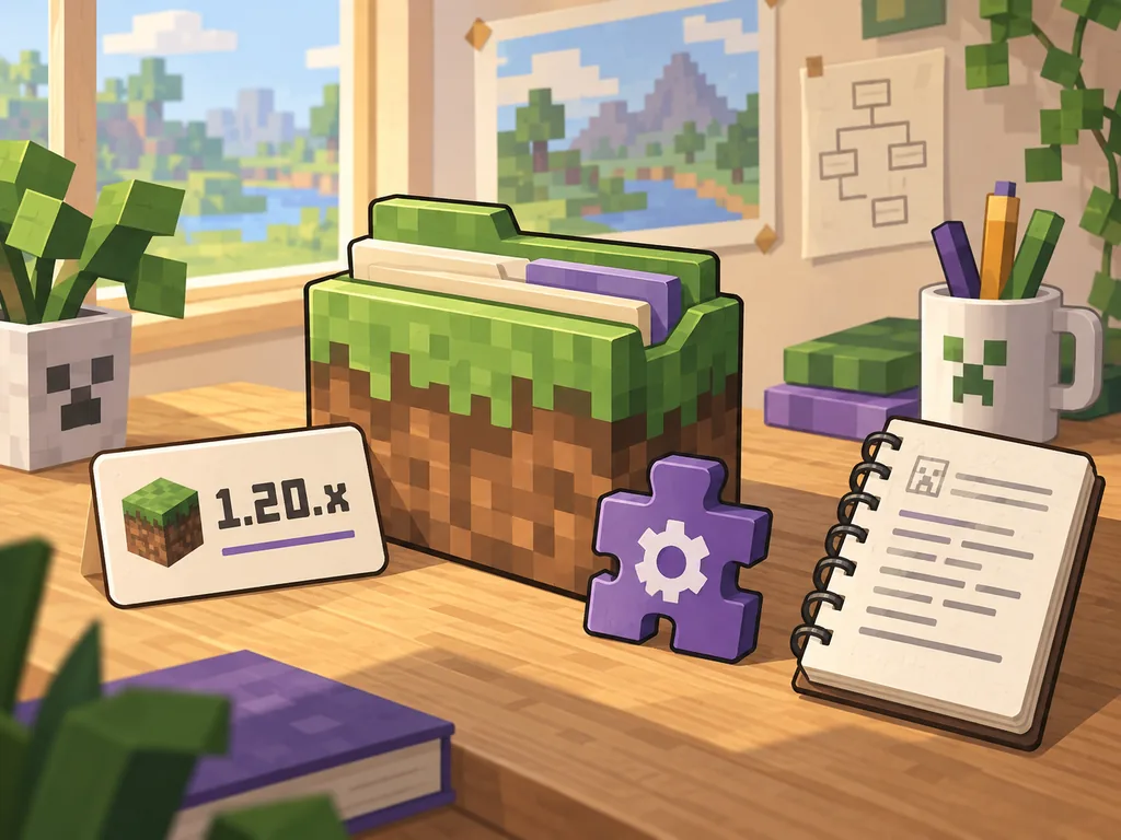 버전, 로더, 로그 단서를 보여 주는 Minecraft 모드팩 설명 일러스트